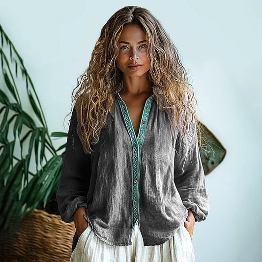 Bohemian Style Linen Print  Long Sleeve Shirt artswardrobe