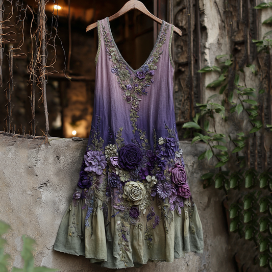 Vintage Classy Gradient Purple Lavender And Floral Embroidered Linen Maxi Dress artswardrobe