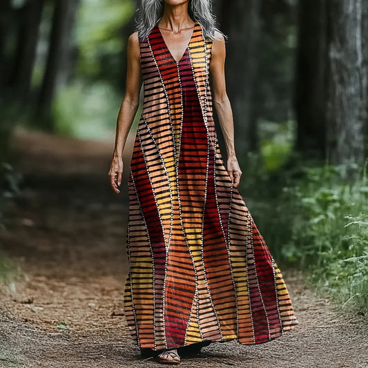 Women's Retro Geometric Art Print V-neck Loose Midi Dress artswardrobe