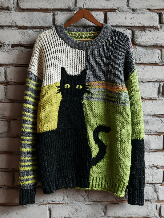 Comstylish Halloween Black Cat Colorblock Cozy Knitted Sweater