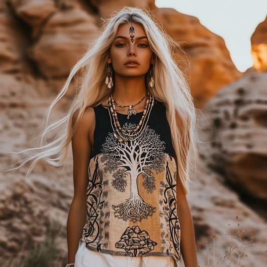 Women's Viking  Tree Of Life Tribal With Celtic Knot Pattern Art Linen Sleeveless Top artswardrobe
