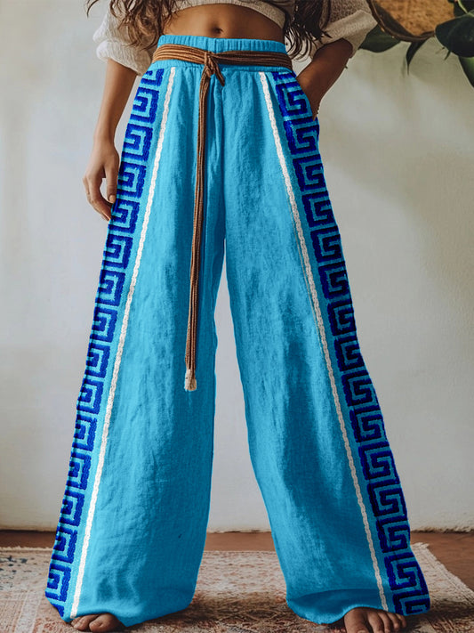 Greek Key Embroidered Linen Blend Cozy Pants artswardrobe