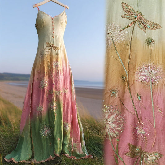 Gradient Boho Dragonfly & Dandelion Embroidery Women's Spaghetti Strap Maxi Dress artswardrobe
