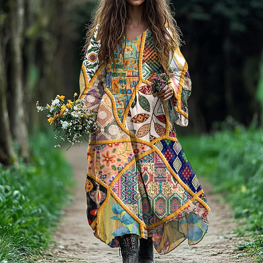 Women's Vintage Tribal Floral Art Linen Dress artswardrobe