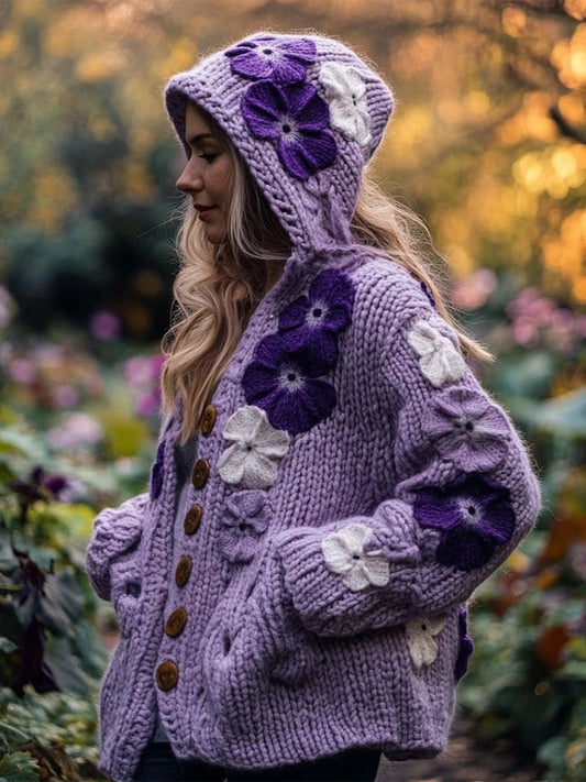 Women's Purple Floral Crochet Art Cozy Chunky Knit Hooded Cardigan elevenforest