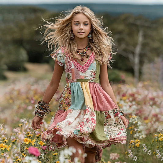 Young Girl's Floral Patch Print Linen Short Sleeve Dress artswardrobe