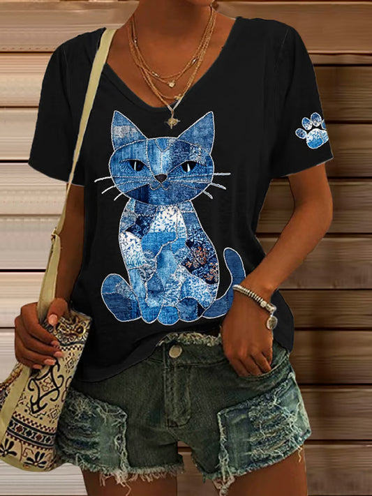 Women's Retro Animal Cat Print V-neck T-shirt artswardrobe