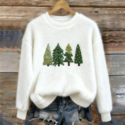 Women's Christmas Tree Embroidery Cozy Plush Sweater elevenforest