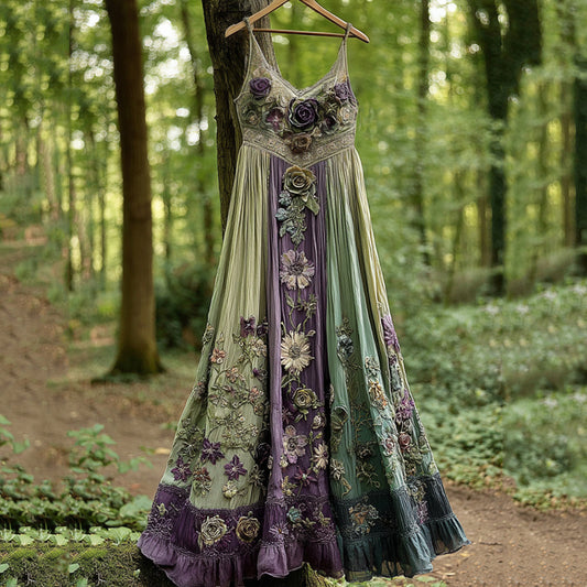 Classy Gradient Purple Lavender And Floral Embroidered Linen Suspender Long Dress artswardrobe