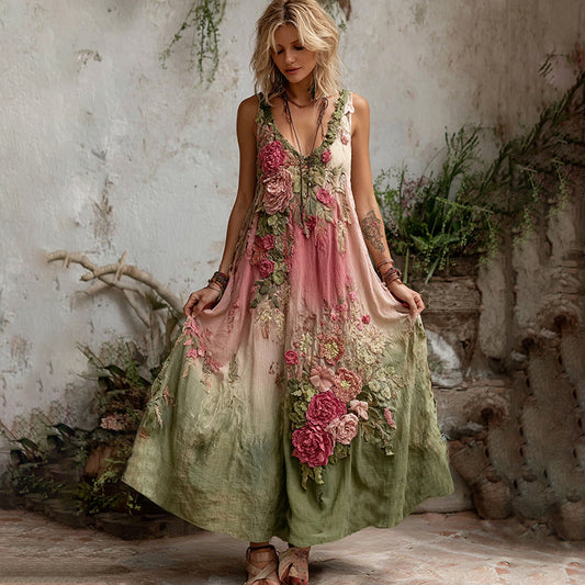 Women Vintage Floral Art V Neck Linen Maxi Dress artswardrobe