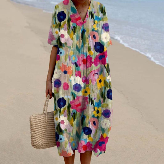 Comstylish Color Block Floral Art Printed V Neck Casual Midi Dress
