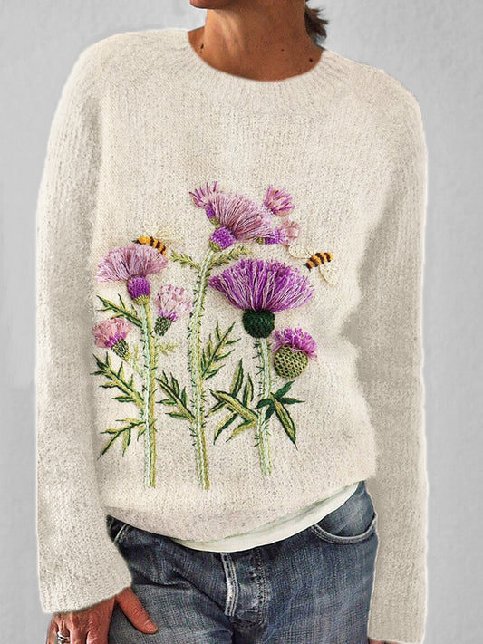 Scottish Thistle Flower & Bee Embroidery Women's Cozy Sweater artswardrobe