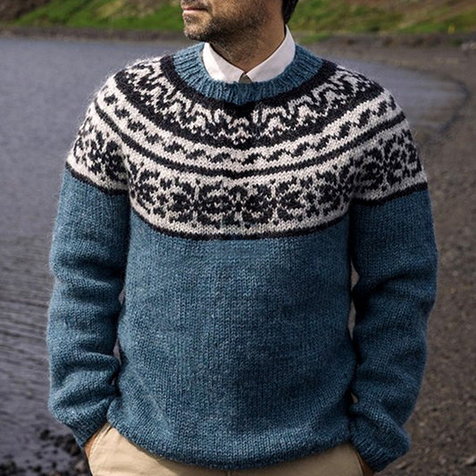 Retro Lake Blue Jacquard Iceland Crew Neck Sweater artswardrobe