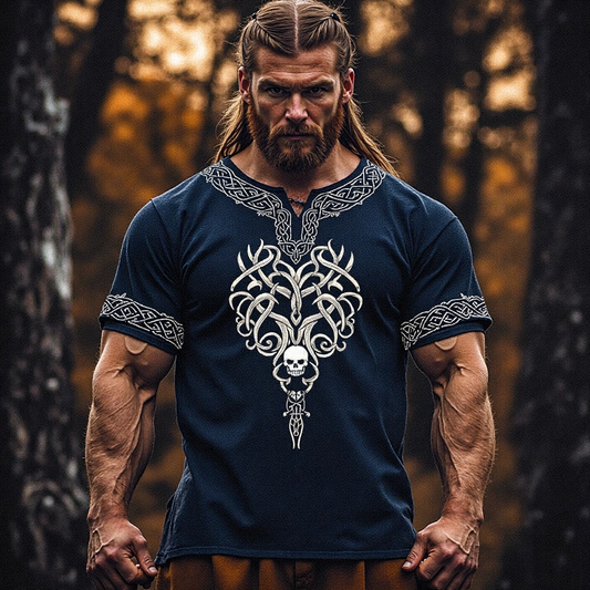Men's Vintage Viking Skull Rune Print V-neck Shirt artswardrobe