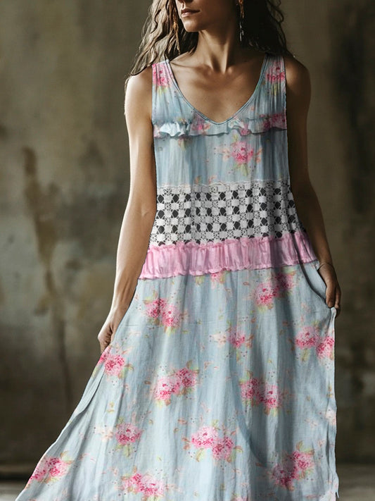 Boho Vintage Floral Women's Linen Vest Maxi Dress artswardrobe