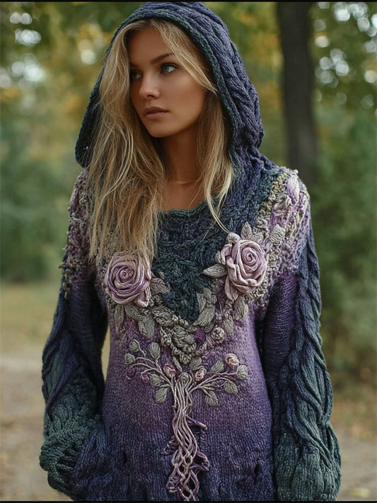 Lavender Roses Viking Tree Of Life Gradient Cozy Hooded Sweater elevenforest
