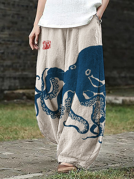 Comstylish Octopus Japanese Lino Art Linen Blend Wide Leg Pants