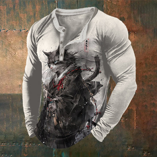 Men's Japan Cat Kimono Samurai Ink Art Printed Long Sleeve T-Shirt elevenforest