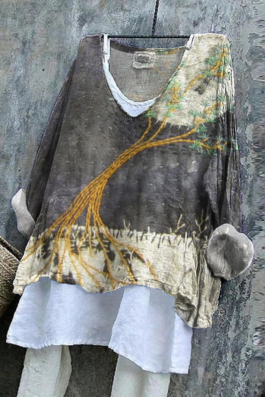 Comstylish Women's Retro Tree Embroidery Color Cotton And Linen Shirt