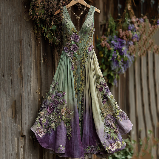 Vintage Classy Gradient Purple Lavender And Floral Embroidered Linen V Neck Maxi Dress artswardrobe