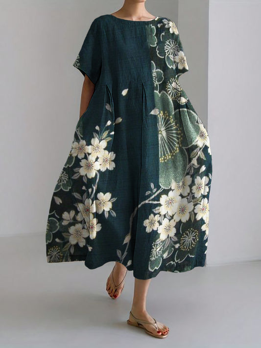 Comstylish Cherry Blossom Japanese Art Classy Linen Blend Maxi Dress