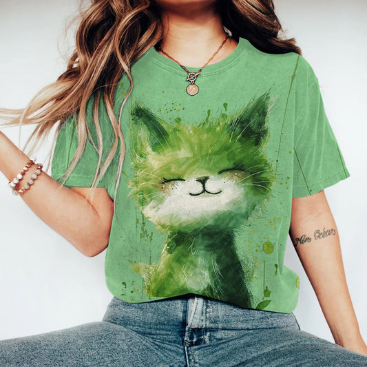 Abstract Creative Green Elf Cute Cat Painting Art T-Shirt elevenforest