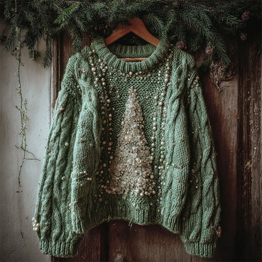 Elegant Christmas Tree Beaded Cozy Cable Knit Sweater artswardrobe