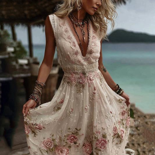 Vintage Floral Art Embroidered Linen Sleeveless Comfy Maxi Dress artswardrobe