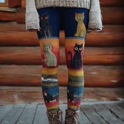 Comstylish Christmas Fun Cat Knitting Tight-fitting Leggings