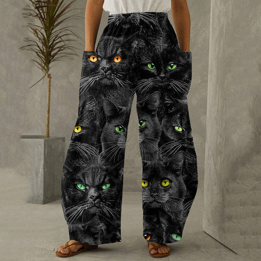Cool Black Cat Print Women's Casual Pants elevenforest