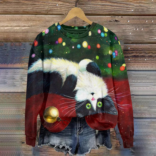 Christmas Cat Print Long Sleeve Casual Sweatshirt elevenforest