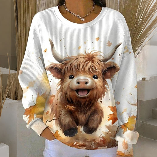 Women's Cute Highland Cow Print Casual Crew Neck Sweatshirt artswardrobe