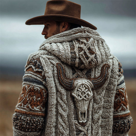Men's Vintage Western Bull Skull Chunky Cozy Knit Hooded Cardigan elevenforest