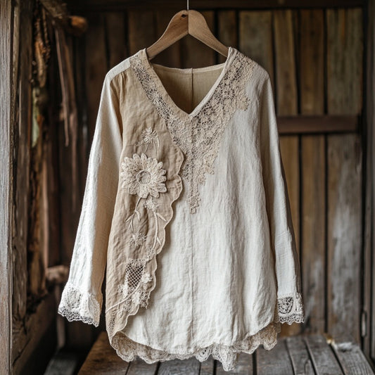 Comstylish Women's Retro Floral Lace Patchwork Art V-neck Shirt