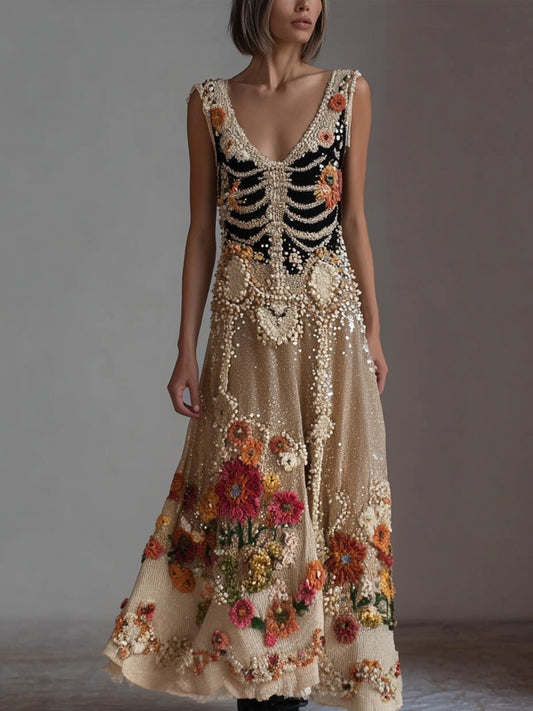 Comstylish Vintage Skeleton Flowers Glitter V Neck Flowy Maxi Dress
