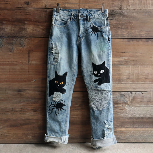 Comstylish Women's Halloween Black Cats And Spiders Embroidery Vintage Washed Jeans