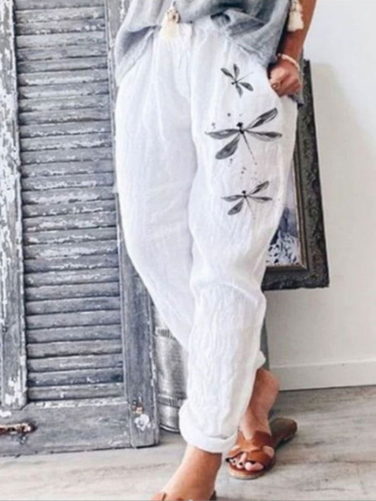 Comstylish Women's Casual Watercolor Dragonfly Printed Cotton Pants