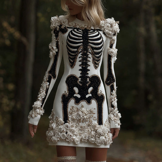 Comstylish Classy Skull And Roses Art Cozy Knit Sweater Dress