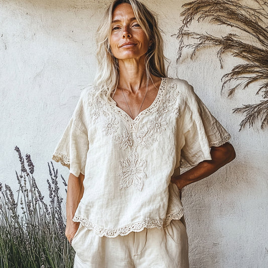 Comstylish Vintage Floral Art V Neck Cotton Linen Comfy Shirt