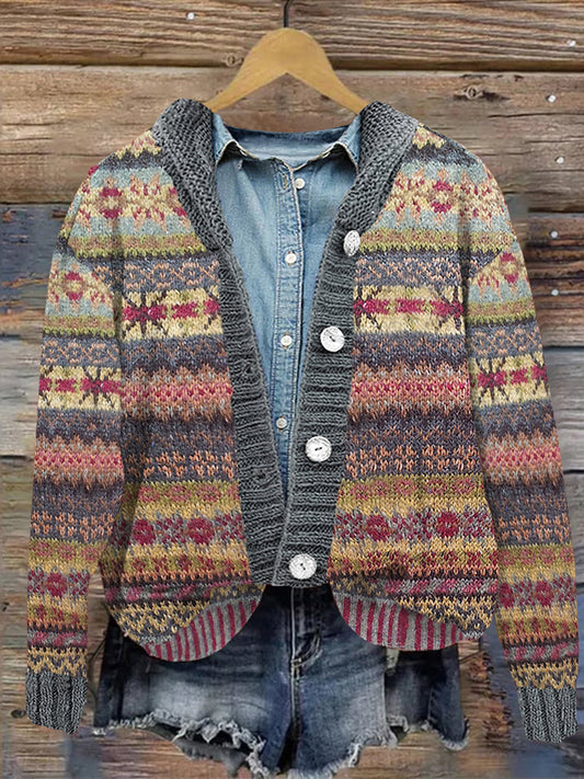 Vintage Knitted Snowflake Geometric Print Button Hooded Cardigan elevenforest