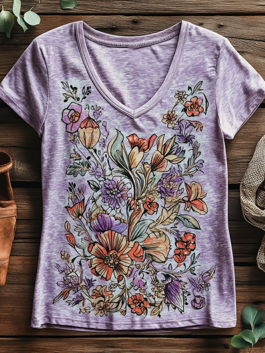 Women's Folk Art Floral Pattern Print V-Neck Cotton T-Shirt
