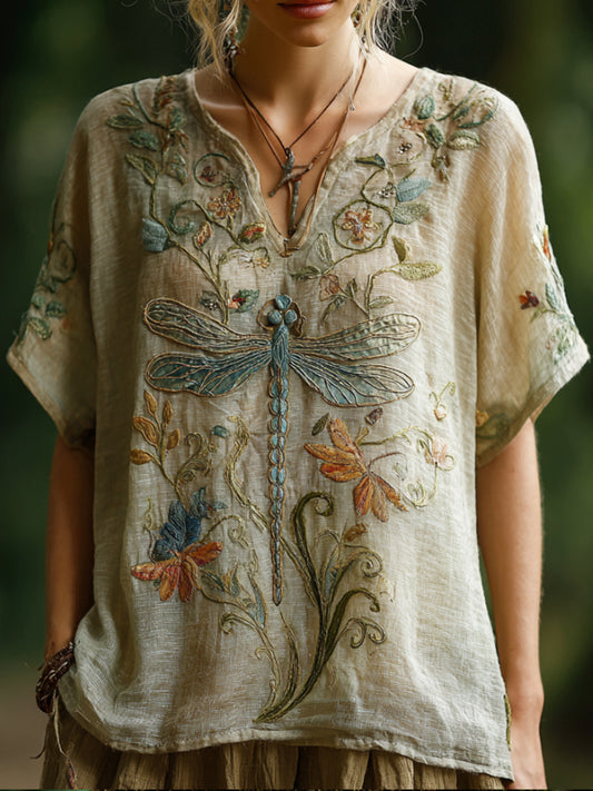 Vintage Cotton And Linen Dragonfly And Vine Pattern Worn-out V-neck Short-sleeved T-shirt artswardrobe