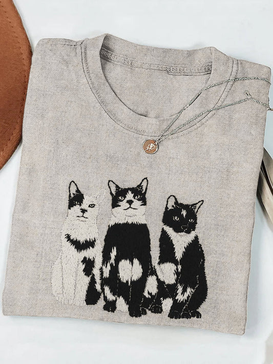 Cow Cat Embroidery Linen Casual T-Shirt elevenforest