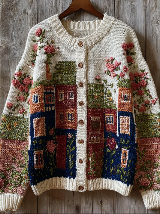 Bohemian Style Garden Pattern Design Women's Knitted Sweater Coat artswardrobe