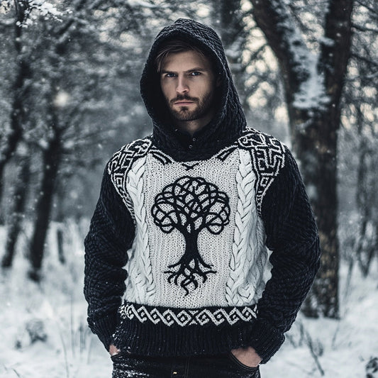 Men's Viking Celtic Tree Of Life Jacquard Hooded Sweater elevenforest
