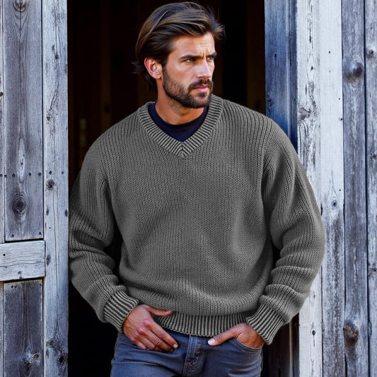 Men's Retro Solid Color V-Neck Sweater elevenforest