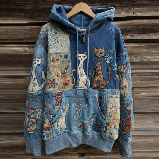 Denim Patchwork Cute Cat Bohemian Floral Print Hoodie elevenforest