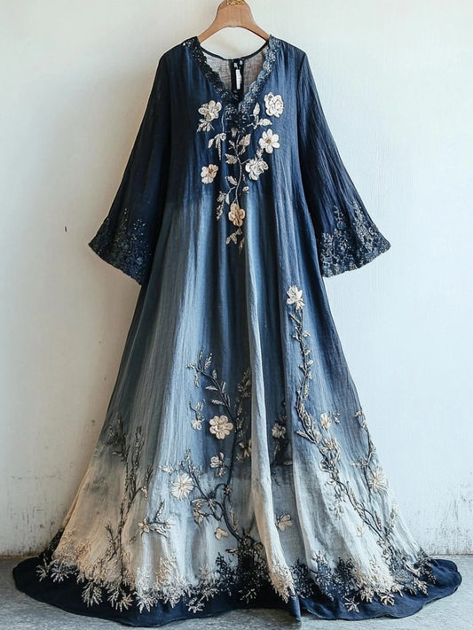 Vintage Lace Floral Embroidered Gradient Linen Maxi Dress artswardrobe