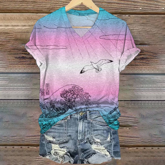 Comstylish Trans Pride Japanese Landscape Print Women's V-neck T-shirt