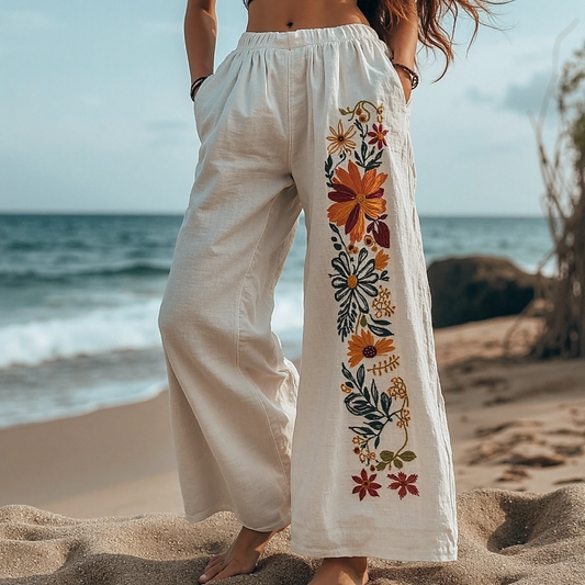 Vintage Bohemian Floral Embroidered Casual Linen Pants artswardrobe